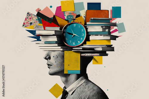Tired man with a stack of books, chaos of papers and clock on his head, concept of time management, baggage of knowledge, overwork, cyber hygiene, contemporary art collage, Generative AI