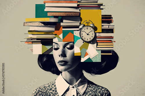 Tired woman with a stack of books, chaos of papers and clock on his head, concept of time management, baggage of knowledge, overwork, cyber hygiene, contemporary art collage, Generative AI