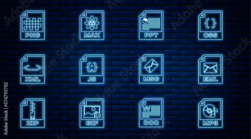 Set line MP3 file document, EML, PPT, JS, XML, PNG, MSG and MAX icon. Vector