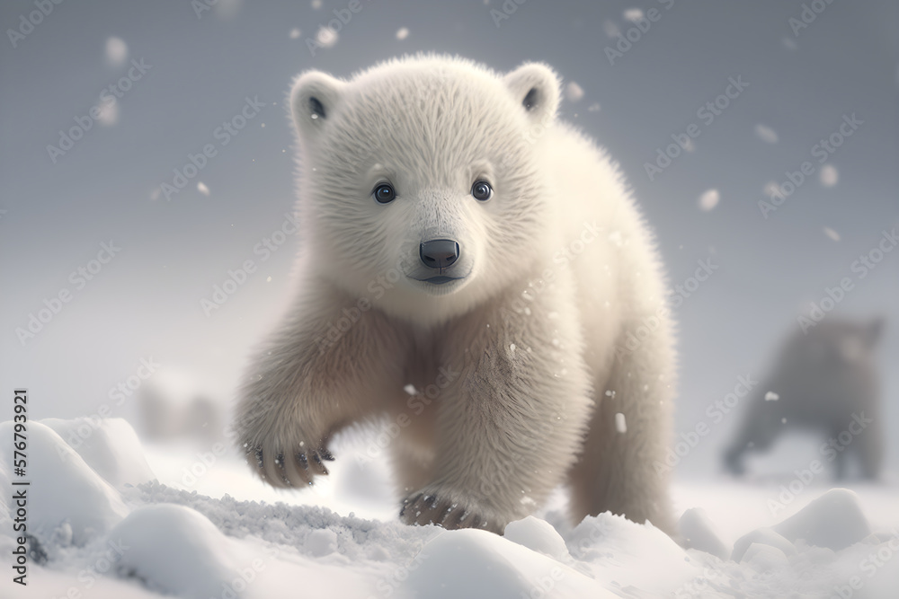 Cute white baby bear playing in winter snow generative ai Cute white baby bear playing in winter snow generative ai