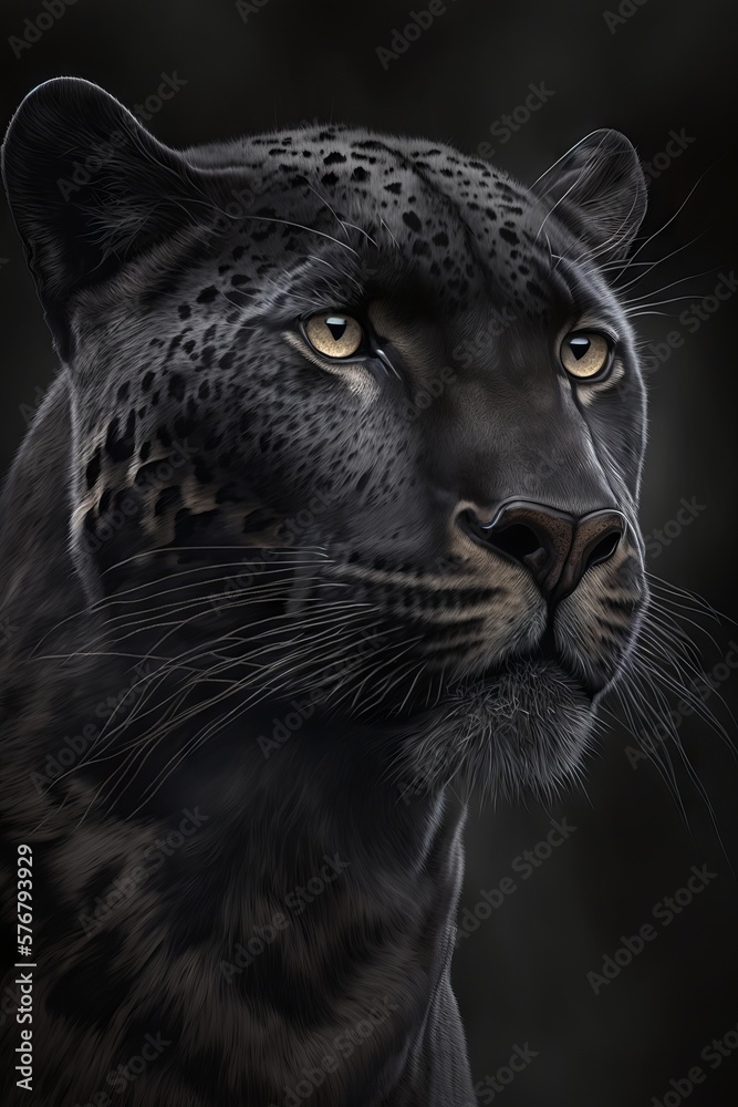 Portrait of a beautiful black panther on a dark background. Generative AI