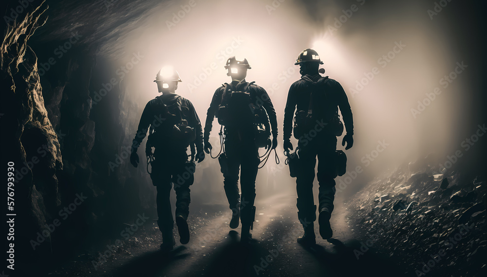 Silhouette of miners with headlamps entering underground coal mine, Industry worker. Generation AI Silhouette of miners with headlamps entering underground coal mine, Industry worker. Generation AI