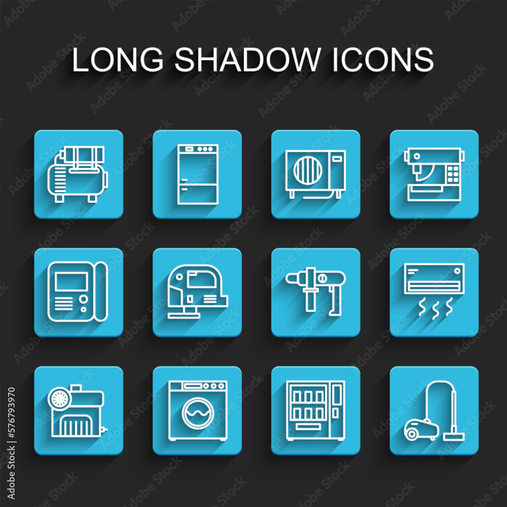 Set line Air compressor, Washer, Vending machine, Vacuum cleaner, Electric jigsaw, conditioner and drill icon. Vector Set line Air compressor, Washer, Vending machine, Vacuum cleaner, Electric jigsaw, conditioner and drill icon. Vector