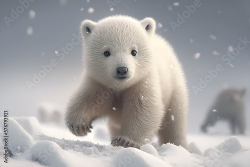 Cute white baby bear playing in winter snow generative ai
