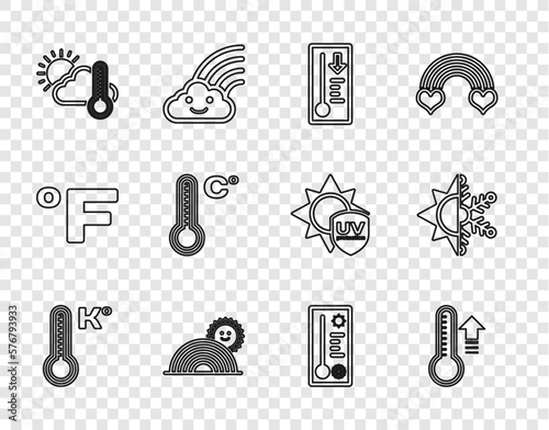 Set line Meteorology thermometer, Rainbow with sun, Thermometer and cloud,, and Sun snowflake icon. Vector
