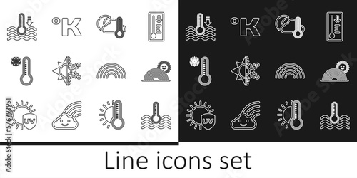 Set line Water thermometer, Rainbow with sun, Thermometer and cloud, moon, Sun snowflake, Meteorology, and Kelvin icon. Vector