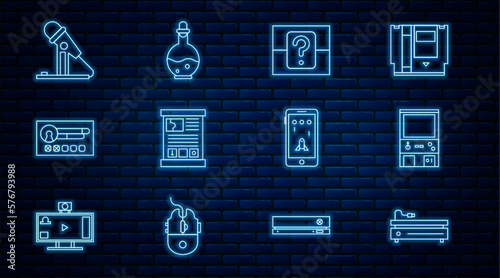 Set line Video game console, Retro arcade machine, Mystery or random box, Game guide, Create account screen, Microphone, Mobile playing and Bottle with magic elixir icon. Vector