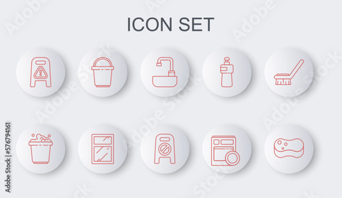 Set line Sponge, Bucket with soap suds, Washbasin water tap, Kitchen dishwasher machine, Wet floor and cleaning progress, Cleaning service for windows and icon. Vector
