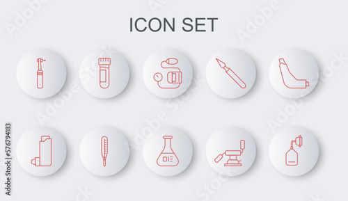 Set line Medical oxygen mask, Inhaler, Blood pressure, dental chair, Tooth drill, Test tube with blood, thermometer and and flask icon. Vector