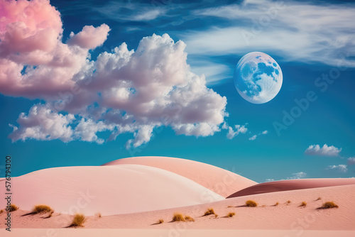 Creative pink sand dunes, blue sky with white clouds and moon. Wallpaper sand dunes in the desert. Trendy abstract, minimal backdrop. 3d render illustration. Generative AI art.
