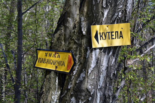 Closeup of two metal plates on a tree with inscription in cyrillic script in Sarnena Sredna Gora Mountain