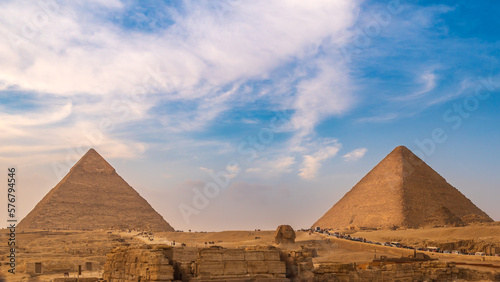 General panoramic view of pyramids with Sphinx in Giza  Cairo  Egypt. Real view from the front.