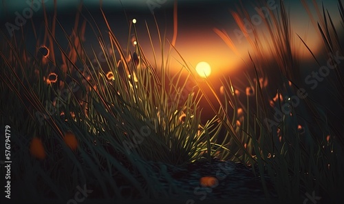  the sun is setting over the water and some tall grass in the foreground, with the sun in the distance behind the grass and the water in the foreground.  generative ai