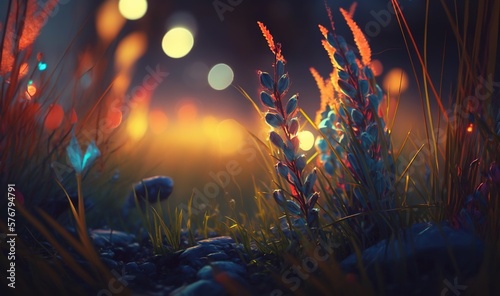  a blurry photo of a field with grass and flowers in the foreground and a street light in the background with boke lights in the background. generative ai