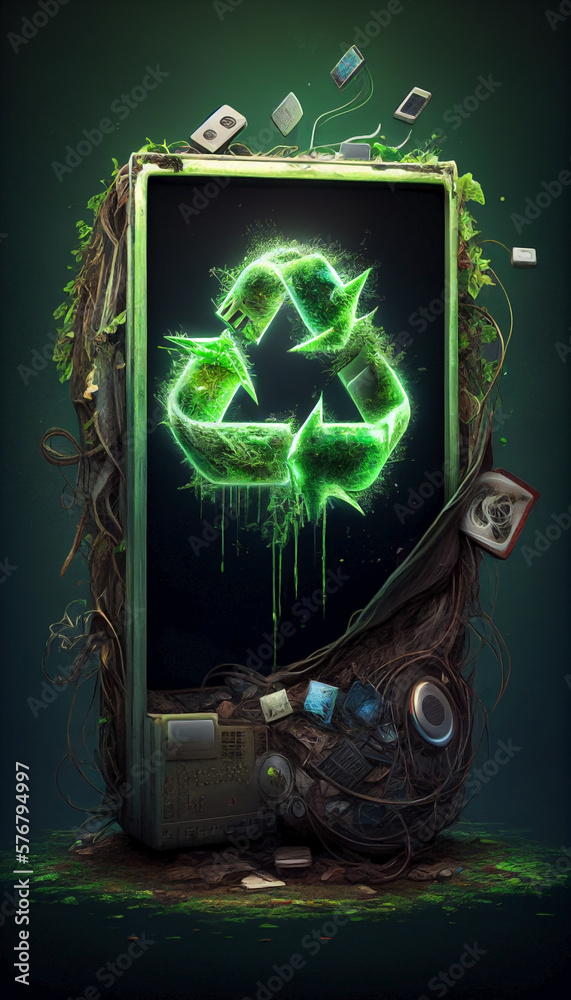Ai generated. Recycling technological products. Concept of respect for the environment. International Consumer and Recycling Day. Garbage and deteriorated products piled up.