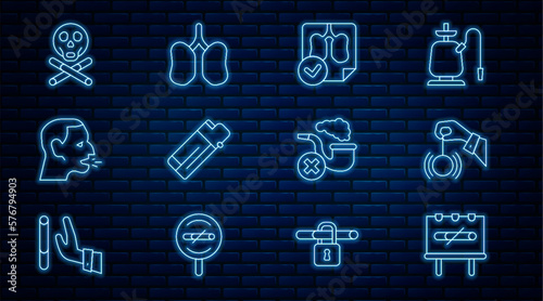 Set line No smoking, Hypnosis, Lungs x-ray diagnostics, Lighter, Man coughing, Bones and skull, Smoking pipe with smoke and icon. Vector