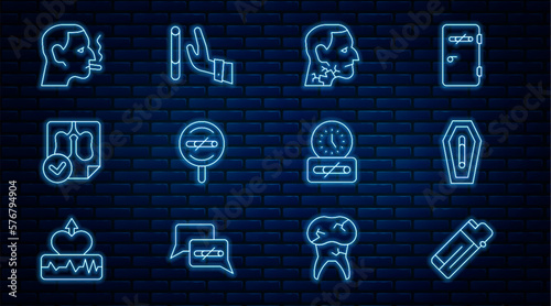 Set line Lighter, Death from smoking, Throat cancer, No, Lungs x-ray diagnostics, Man cigarette, time and Giving up icon. Vector