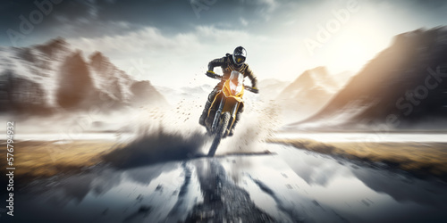 Extreme motocross jump on bike with splash water, mountain background. Action photo banner. Generation AI