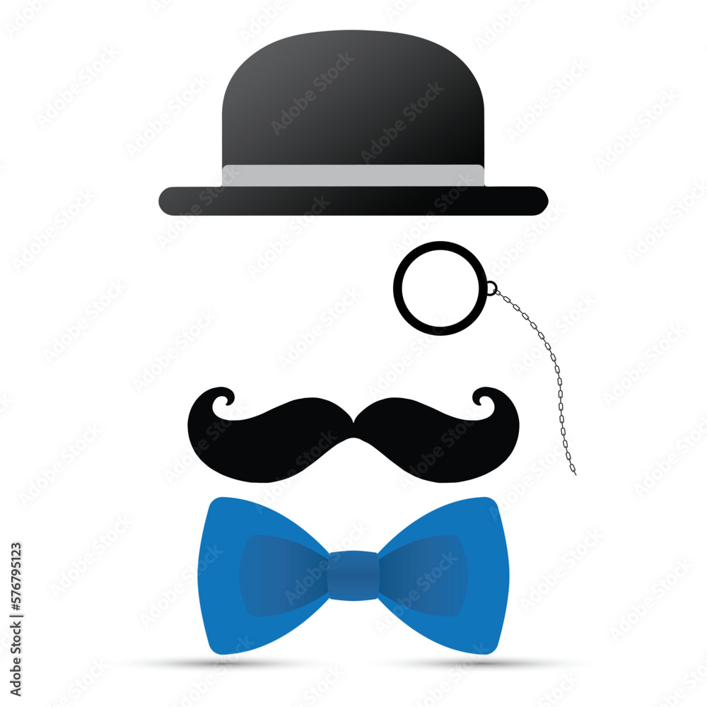 Black mustache, monocle, hat and blue bowtie on white background Black mustache, monocle, hat and blue bowtie on white background