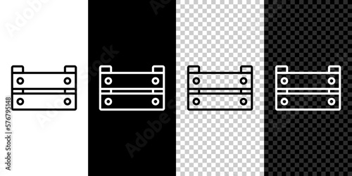 Set line Wooden box icon isolated on black and white background. Grocery basket, storehouse crate. Empty wooden container for vegetables, products. Vector