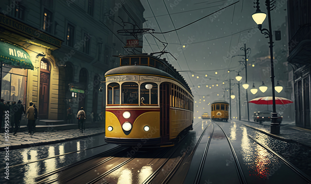  a yellow trolley car traveling down a rain soaked street next to a building with a red umbrella on it's roof and people walking on the sidewalk.  generative ai