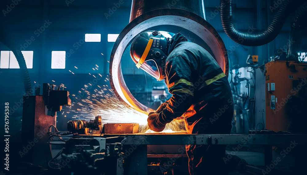 Obraz premium Worker welder with protective mask welding Manufacturing Metal, sunlight spark hot metal. Industry Heavy factory. Generation AI