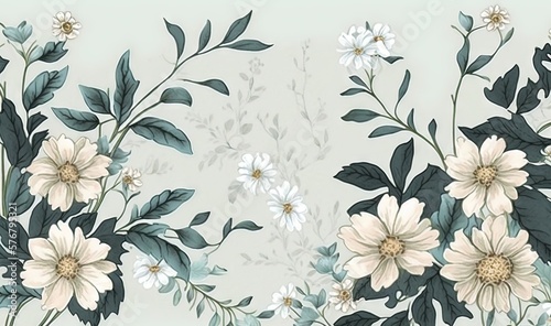 a floral wallpaper with white flowers and green leaves on a light green background with a white background and a light blue background with white flowers. generative ai