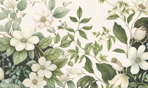  a painting of white flowers and green leaves on a white background with a black border around the edges of the image and the bottom half of the frame.  generative ai © Shanti