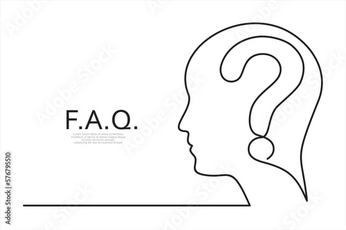 The head of a man with a question mark. FAQ is drawn by a single black line on a white background. Continuous line drawing. Vector illustration.