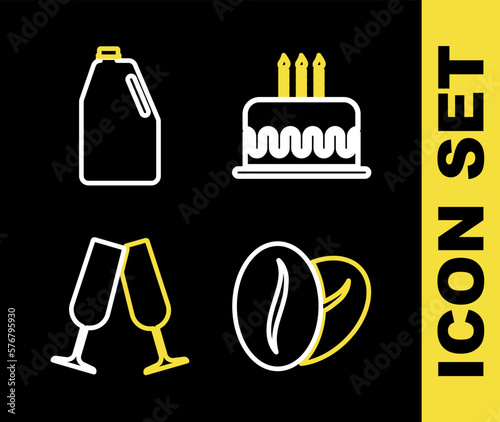 Set line Cake with burning candles, Coffee beans, Glasses champagne and Household chemicals bottle icon. Vector