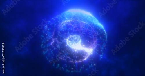 Abstract round blue and purple sphere made of flying particles glowing energy scientific futuristic atom molecule hi-tech background