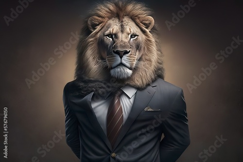 Lion man in a business suit in the office. Businessman predator. Corporation boss. Company director. Generative art.