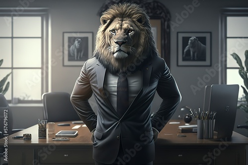 Lion man in a business suit in the office. Businessman predator. Corporation boss. Company director. Generative art. © Daniil