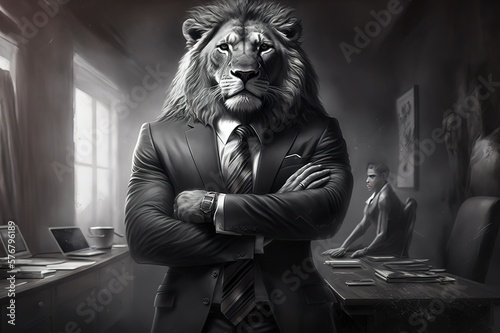 Lion man in a business suit in the office. Businessman predator. Corporation boss. Company director. Generative art.