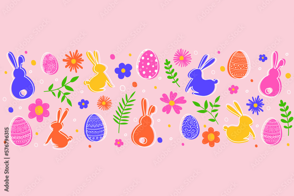 Fototapeta premium Easter banner with coloured eggs, bunnies and flowers. Vector illustration