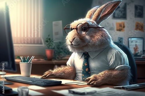 Rabbit man in a shirt in the office. The clerk is doing paperwork. Nerd hare doing routine. Generative art.