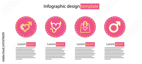 Set line Shopping bag with heart, Male gender symbol, Devil horns and and icon. Vector