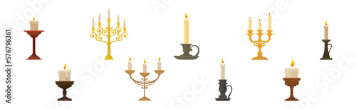 Burning Candles in Candlesticks and Vintage Candle Holders and Candelabrums Vector Set