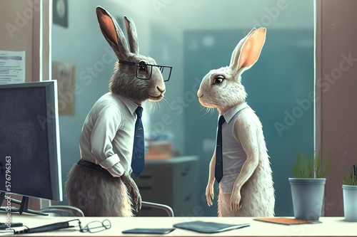 Two bunny people in shirts in an office. Clerks do paperwork. Nerd hare doing routine. Colleagues discuss work. Coffee break. Generative art.