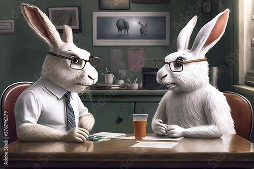 Two bunny people in shirts in an office. Clerks do paperwork. Nerd hare doing routine. Colleagues discuss work. Coffee break. Generative art.
