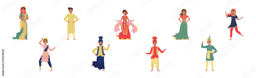 Indian Man and Woman Wearing National Clothes Vector Set