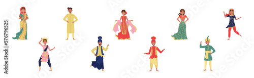 Indian Man and Woman Wearing National Clothes Vector Set