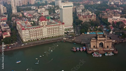 Mumbai Gateway of India landmark, aerial drone view on a clear day, 4k cinematic
