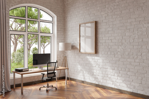 comfortable workplace with pc standing on wooden desk in office at home  bright sunlight shines through large window  wall  with canvas copy space   remote work freelance concept  3D Illustration