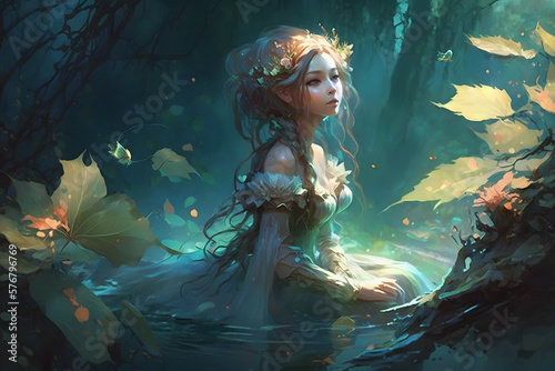 Beautiful young fairytale nymph girl in natural dress in sacred river with water lilies and trees. Fairytale story about ophelia. Neural network AI generated art photo