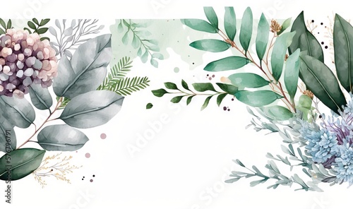  a watercolor painting of flowers, leaves and berries on a white background with a place for a text or a picture or a logo. generative ai