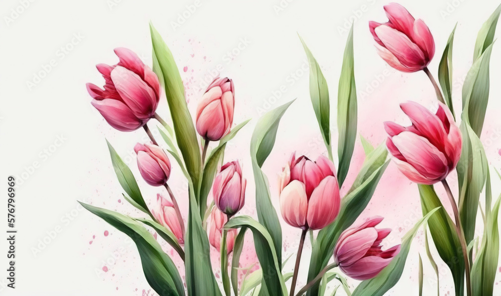  a painting of pink tulips on a white background with a pink background and a white background with a pink background and a white background with a white border.  generative ai