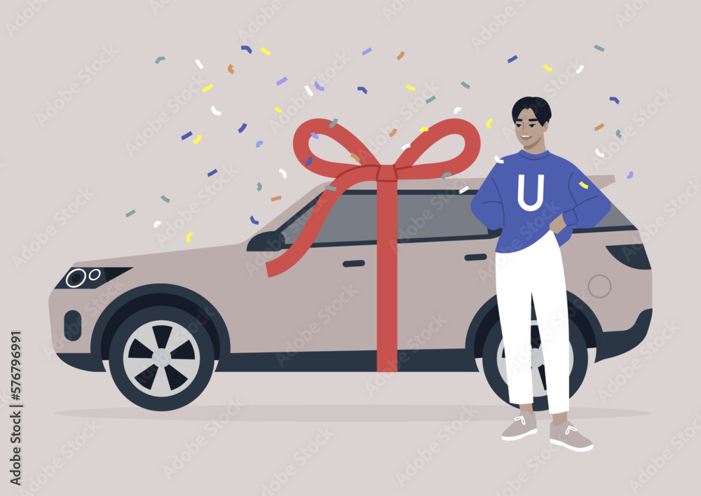 A cheerful young male Asian character being gifted their first car, a celebratory moment