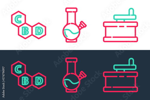 Set line Manual grinder, Cannabis molecule and Glass bong for smoking marijuana icon. Vector