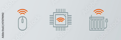 Set line Smart heating radiator, Wireless mouse and Processor with microcircuits CPU icon. Vector